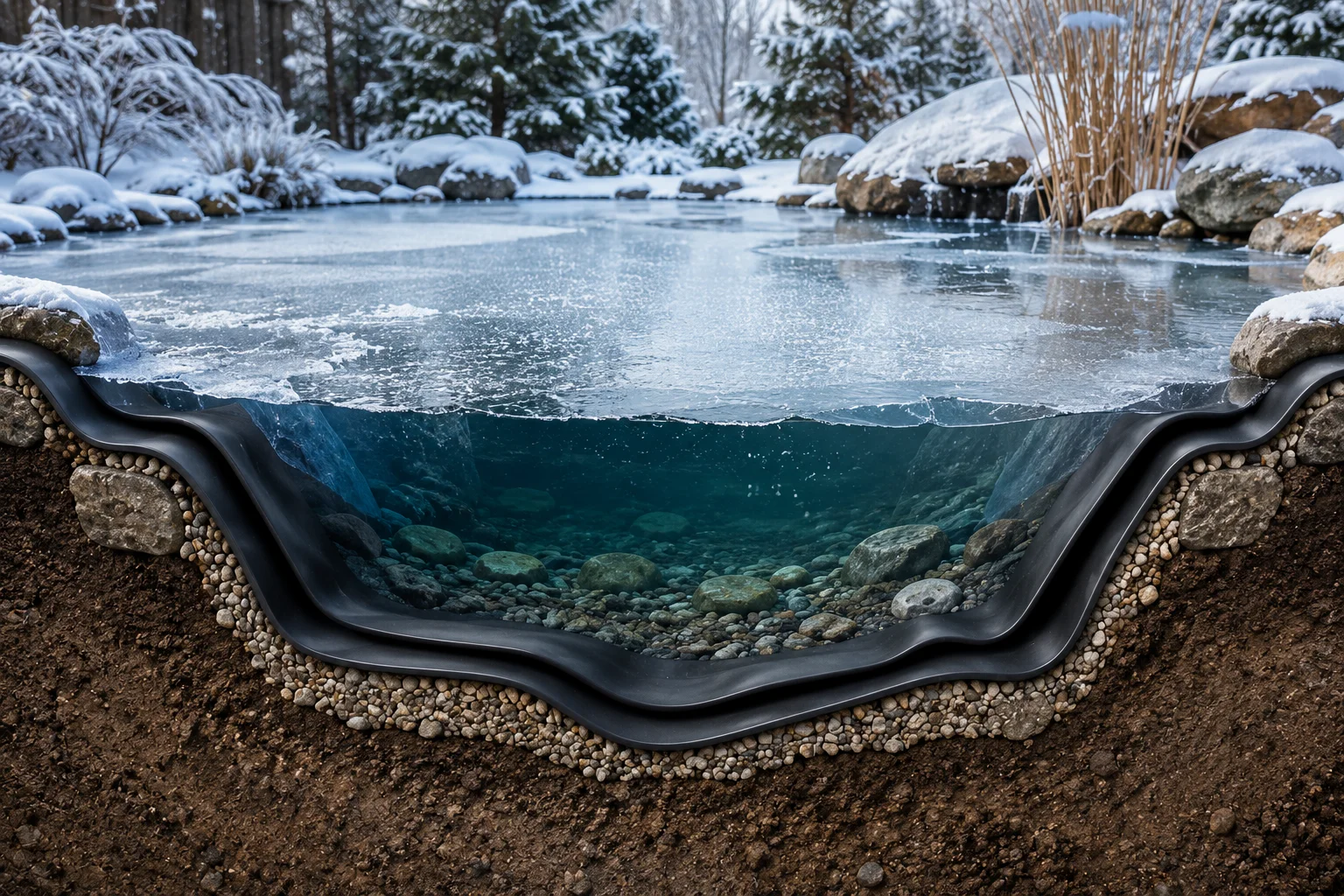 EPDM pond liner installed beneath rocks and soil